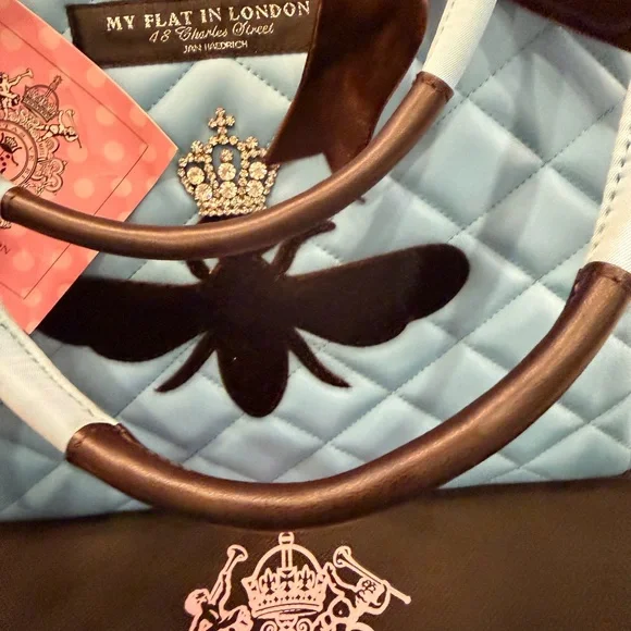 NWT My Flat in London Light Blue Quilted Blue Handbag/Tote with brown velvet bee